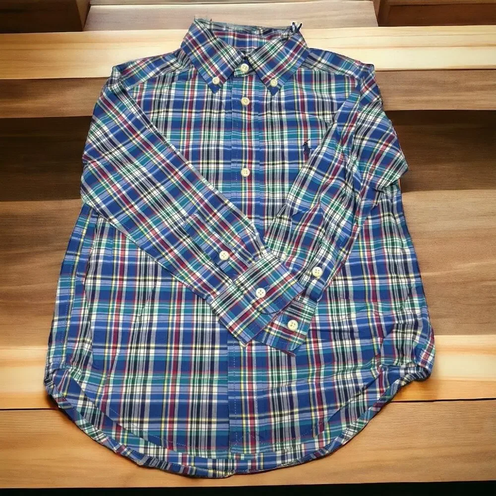 Ralph Lauren Boys Shirt Sz 3 3T Blue‎ Red Green Yellow White Plaid Long Sleeve